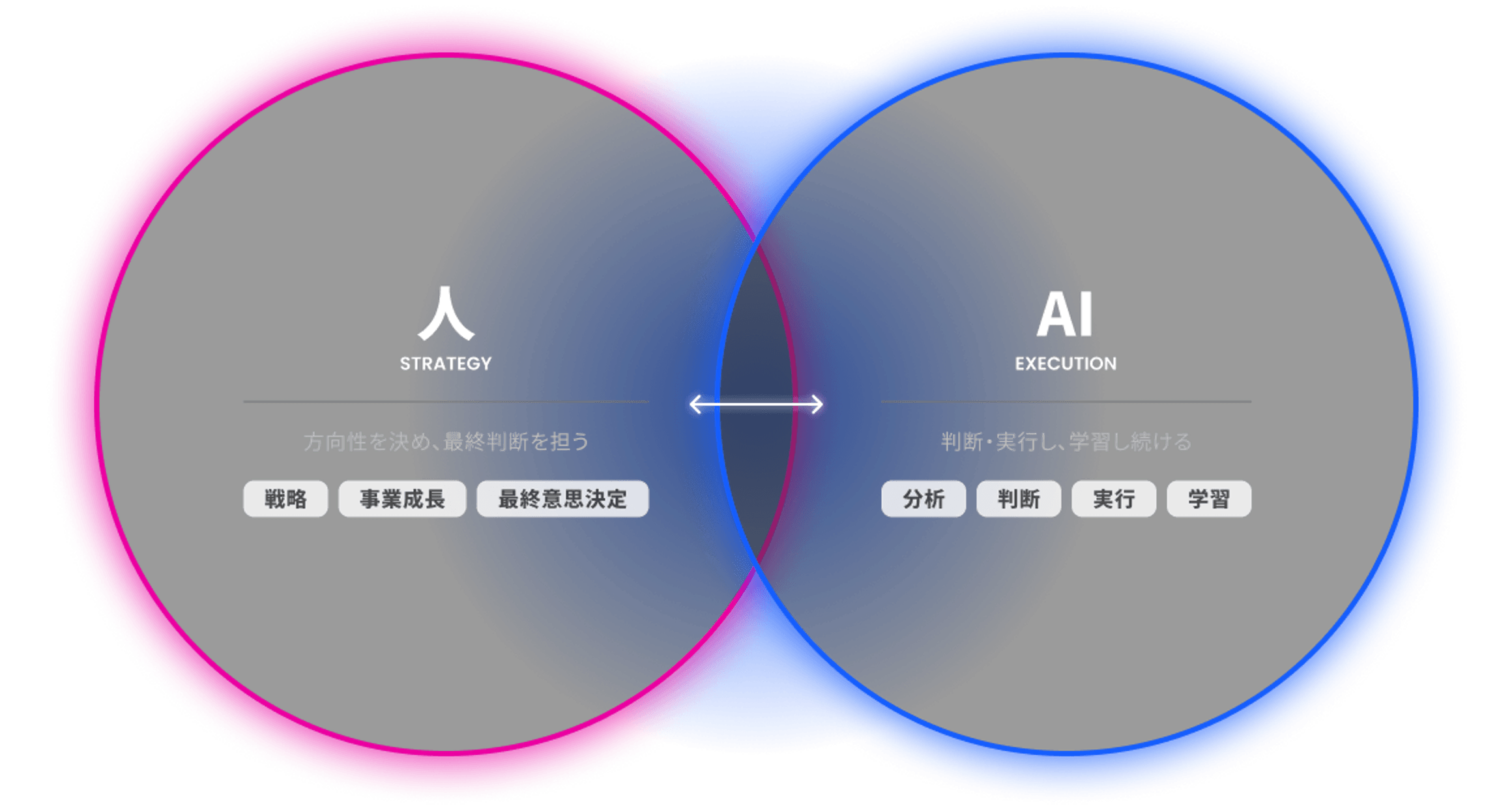 人が戦略と最終意思決定を担い、AIが分析、判断、実行、学習を担う関係図